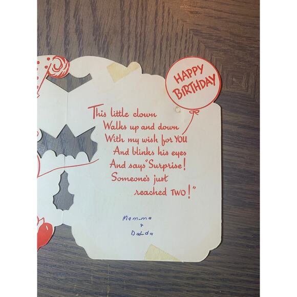 Birthday Greetings, 2-Year-Old, Funny Clown, 1950s Vintage Greeting Card, - Picture 3 of 3